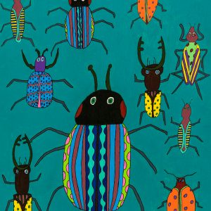 Ten beetles against a teal solid background. The beetles have different patterns and colours on their shell, there is a large beetle in the middle.