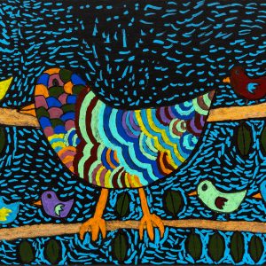A large patterned bird perched on a branch, it's feathers scalloped shapes and multi-coloured. Surrounded by nine smaller birds in bright, block colours. The drawing is on black paper and there are small blue lines filling the background.