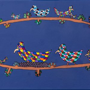 Eleven birds with scalloped, multicoloured feathers and tan beaks. One bird sits on a nest whilst the rest are on two branches, one at the top and another at the bottom for the canvas. There is a purply/ blue background behind them.