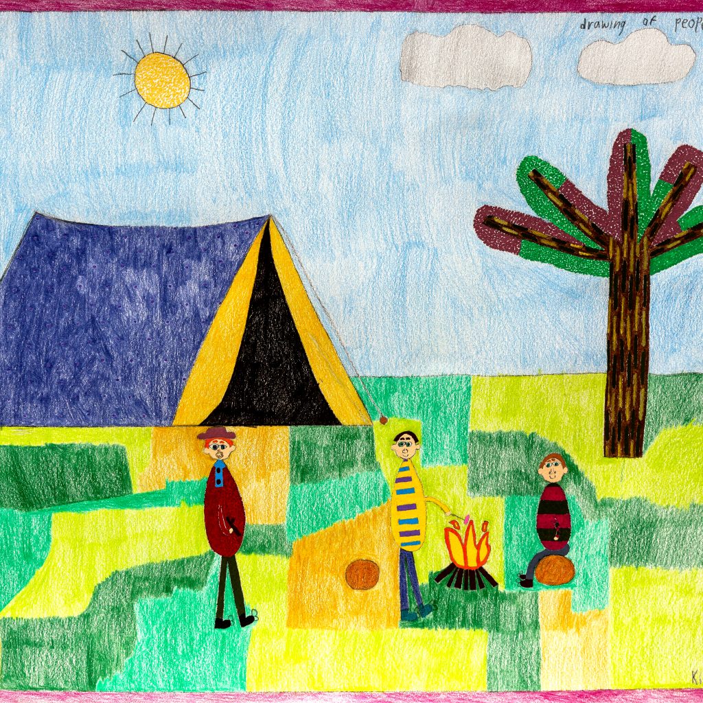 Graphite and coloured pencil drawing of people camping, there is a person sitting by the campfire, another standing beside it toasting food in the bright yellow and red flames and another person walking towards them, wearing a hat. In the background there is a large blue and yellow tent, patchy green and yellow grass, a large tree and bright blue sky with visible sunshine and kind clouds.