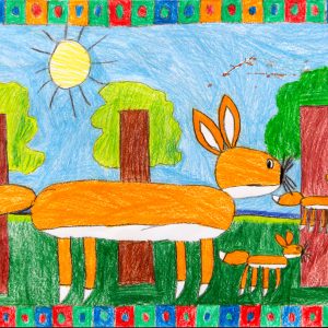 Colour pencil drawing of three foxes. There is a large fox in the centre with two smaller foxes running ahead. The foxes are on green grass surrounded by tall trees, the sky is clear and blue with the sun shining. There is a border around the image made from squares with circles inside them in green, blue and red.