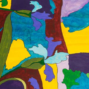 Abstract, natural shapes in acrylic on wood, the shapes are varying blues, greens and purples with marron and yellow.