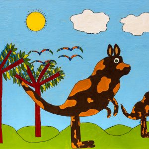 Two kangaroos in pen and acrylic on wooden board. There is a kangaroo nearest the viewer and one further away in front. There are four brightly coloured birds in the sky above which is bright blue with a bright sun and soft clouds. The kangaroos are on green grass and bouncing past two leafy trees.