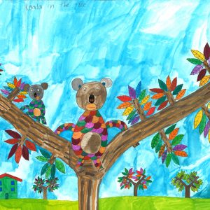 Watercolour and pencil drawing of two koalas in a tree. The koalas are coloured with a variety of bright scallop shapes and sitting on a tree with bright rainbow leaves. There is a house in the distance and a blue sky above.