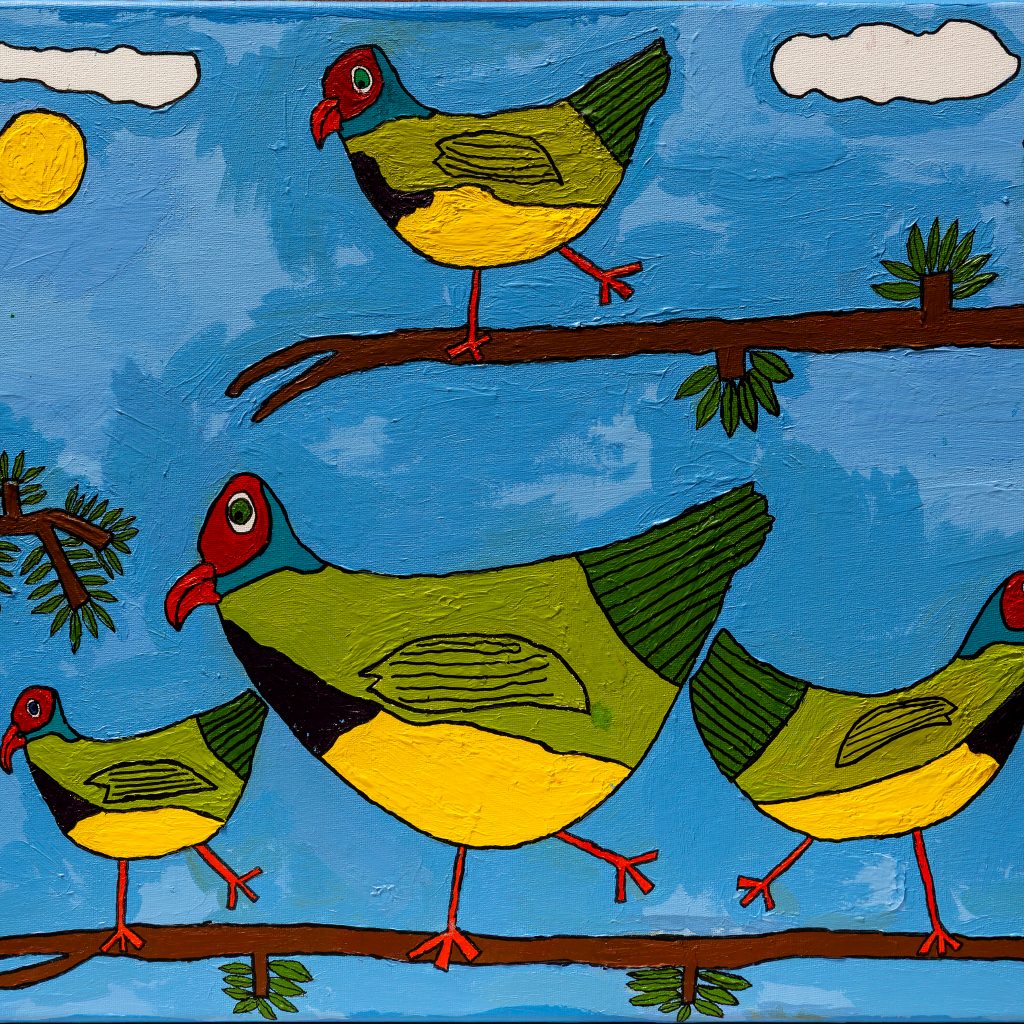 Four birds with yellow and black breasts, red and blue heads and green backs, standing on branches on one leg. There are three on the bottom branch and one on the top. Behind is a blue sky, soft clouds and a sun.