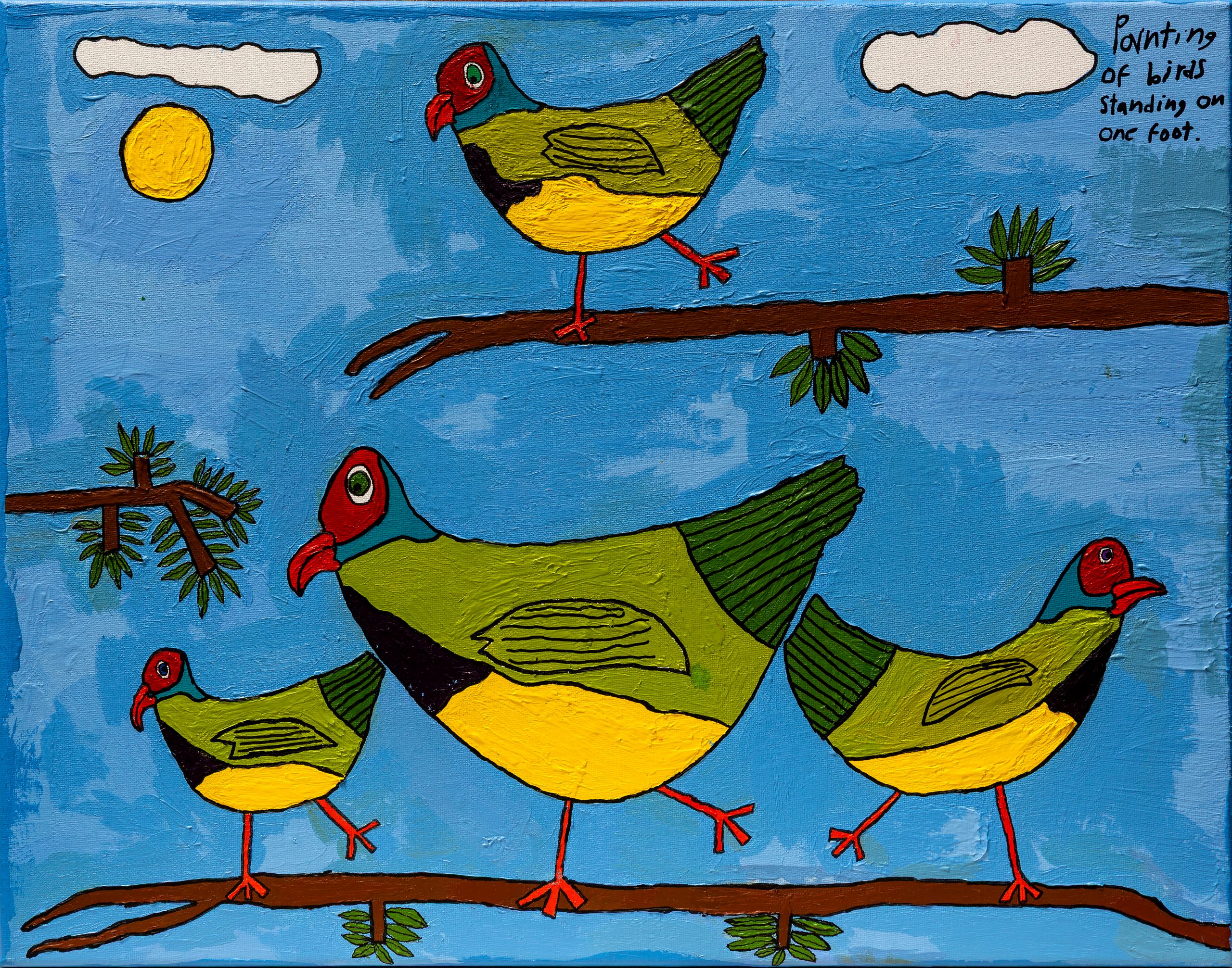 Painting of four birds all standing on one leg along two rows of branches. The sky is bright blue, there are a few fluffy clouds and a bright yellow sun. The birds have a yellow and black breasts, red and blue heads with red beaks and green feathers along their backs. 