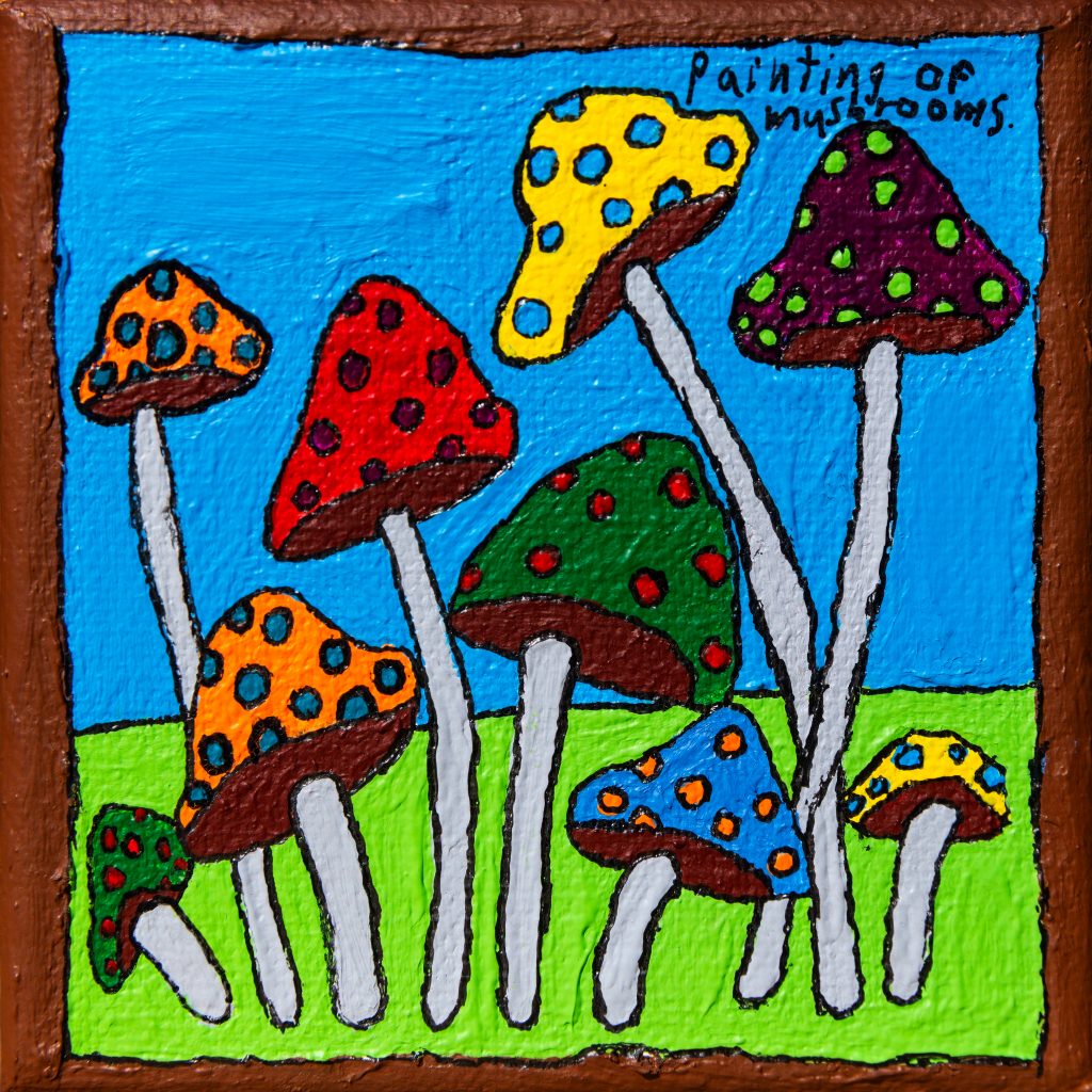 Acrylic painting of mushrooms, they have bright coloured caps with spots and tall grey stems. They are sprouting from neon green grass against a bright blue sky.