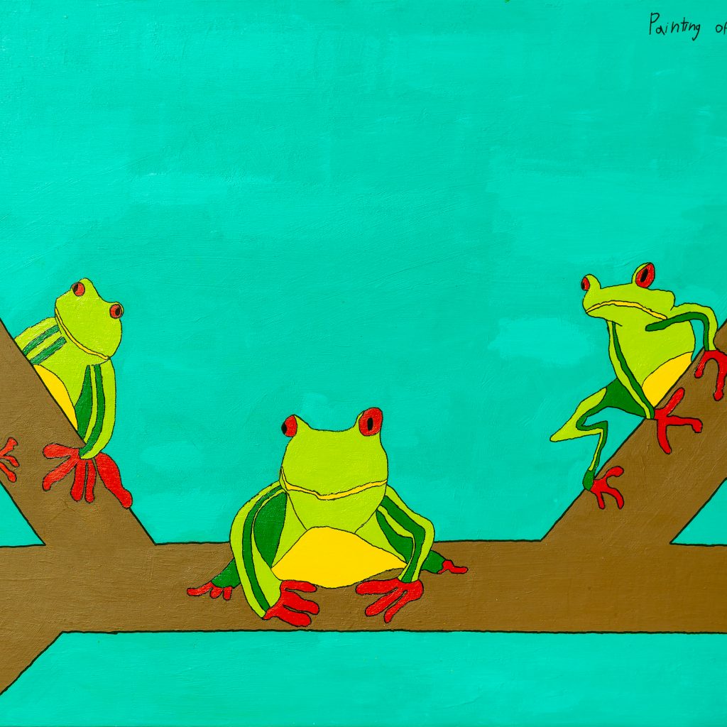 Three tree green tree frogs with red feet, painted in acrylic outlined in black pen. They are on a branch with even angles between the branches and against a deep cyan background.
