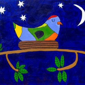 A bird, blue, green, yellow and red, resting in a nest on a branch. The bird has it's eyes closed and there is a deep blue night sky behind complete with the moon and stars.