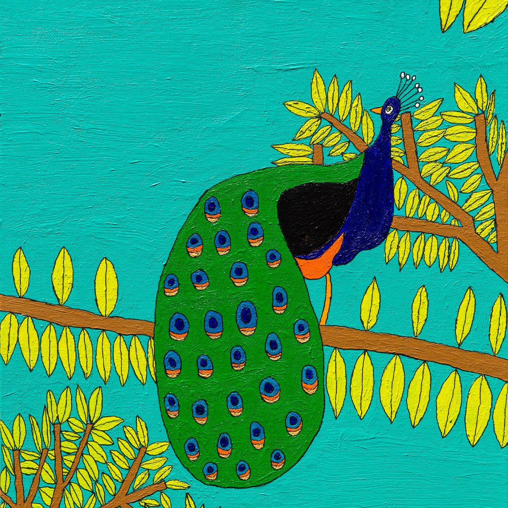 A painting in acrylic of a peacock on a branch, the peacock is looking to the side with it's feathers draped down the branch. The sky behind is a teal green/ blue.