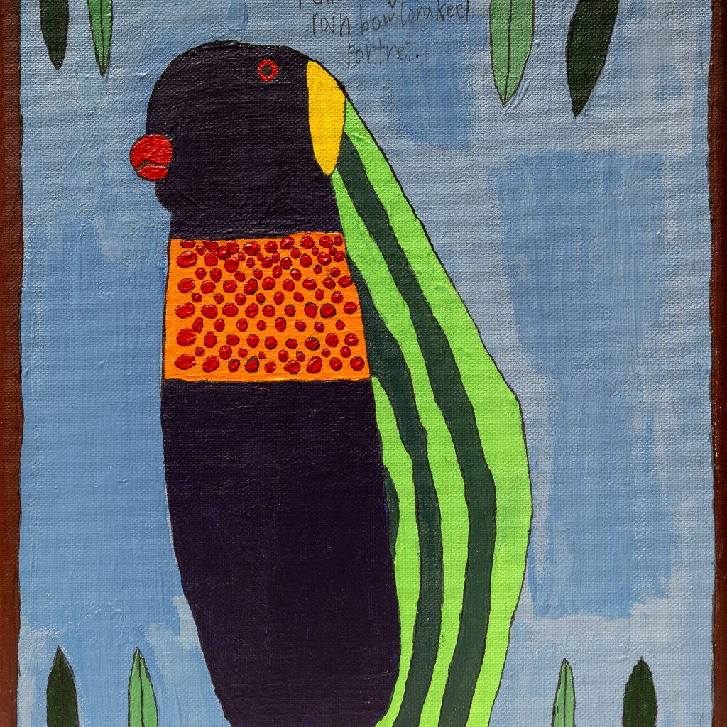 An acrylic and black pen work of a rainbow lorikeet, it's green striped back and orange and red spotted chest starkly contrast it's black feathers. It's framed by some leaves against a blue/ grey background.