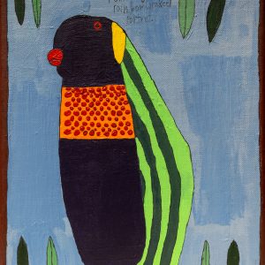 An acrylic and black pen work of a rainbow lorikeet, it's green striped back and orange and red spotted chest starkly contrast it's black feathers. It's framed by some leaves against a blue/ grey background.
