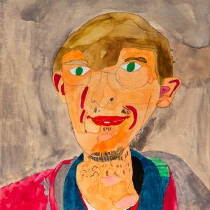 Self portrait of Kit Jury in graphite and acrylic - he has short, blond hair, green eyes and think rimmed glasses. He has a slim face with a little blond stubble and is wearing a bright red, green and blue jacket.