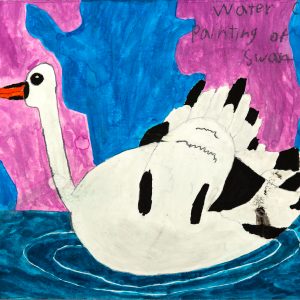 A swan in watercolour paint in a deep blue pool. The background is abstract pink and paler blue shapes.