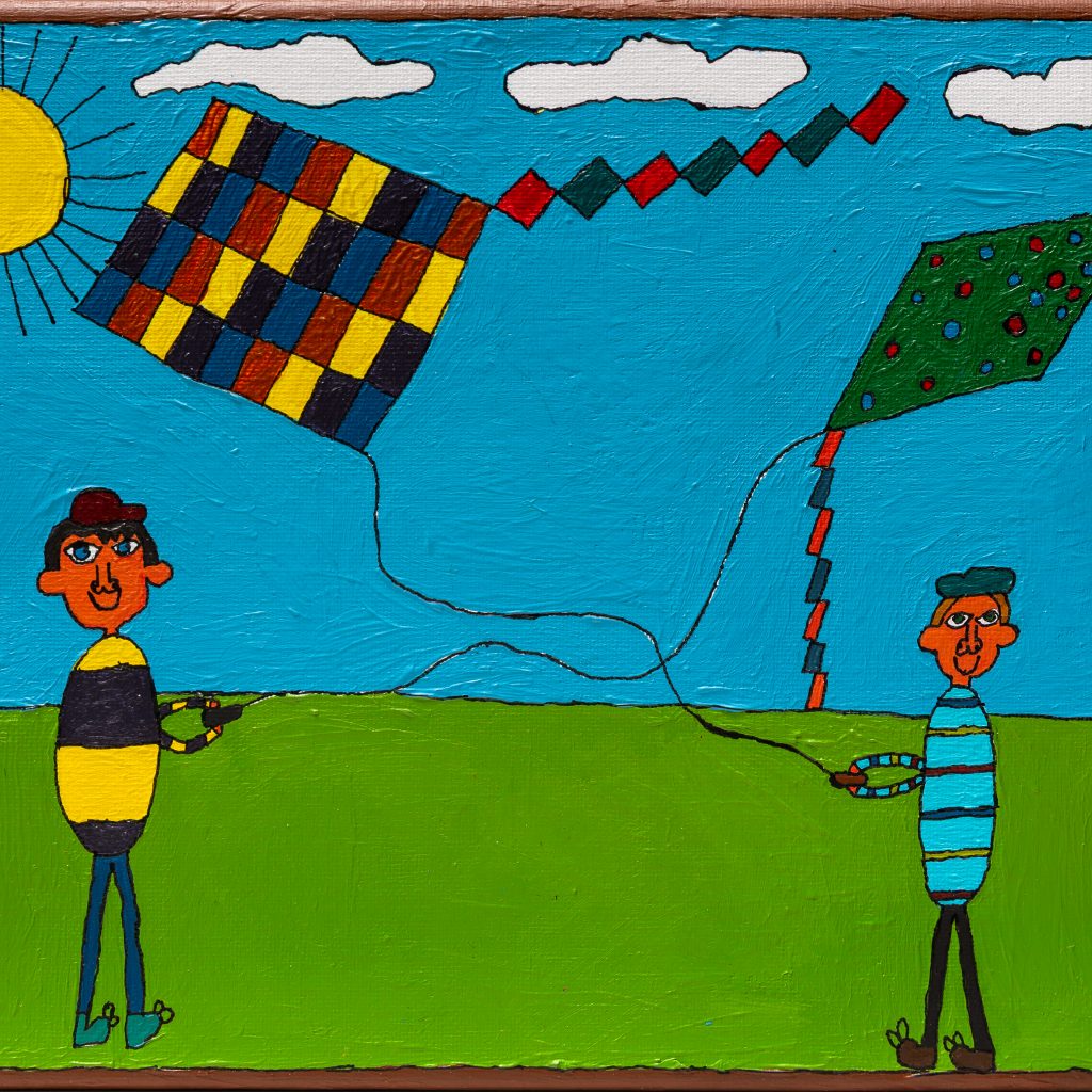 A painting of two people flying kites against a bright blue sky. The people are wearing hats and striped shirts, their kites are intertwining and they are smiling.