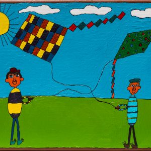 A painting of two people flying kites against a bright blue sky. The people are wearing hats and striped shirts, their kites are intertwining and they are smiling.