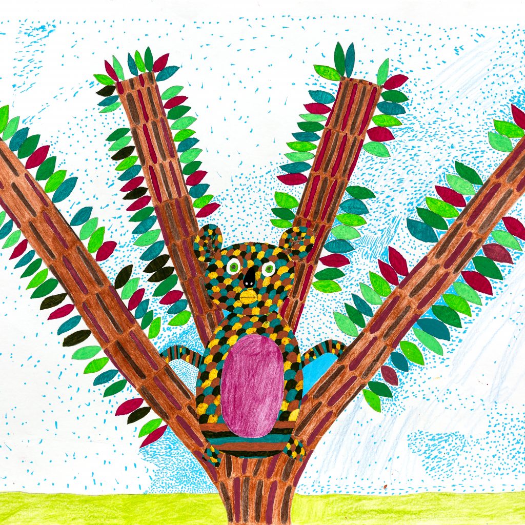 A koala sitting atop a tree, it's fur is represented by scallops in yellow, blue, brown and black. It has green eyes and a pink belly, it's lower body is striped. The background shows a yellow plain and a dotted blue and white sky.