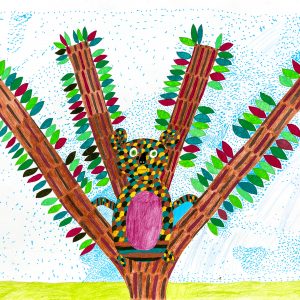 A koala sitting atop a tree, it's fur is represented by scallops in yellow, blue, brown and black. It has green eyes and a pink belly, it's lower body is striped. The background shows a yellow plain and a dotted blue and white sky.