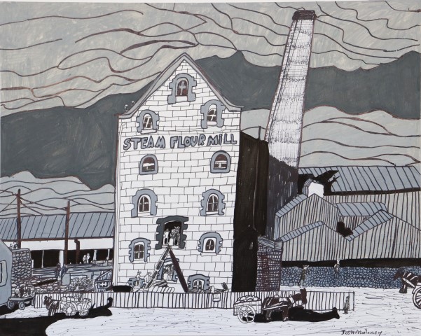 Monochrome drawing of Dunns Mill in Port Adelaide