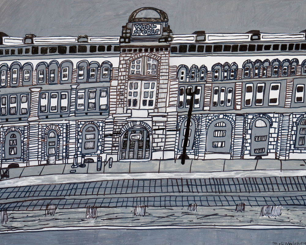 Monochrome detailed drawing of the famous Wool Stores in Port Adelaide.