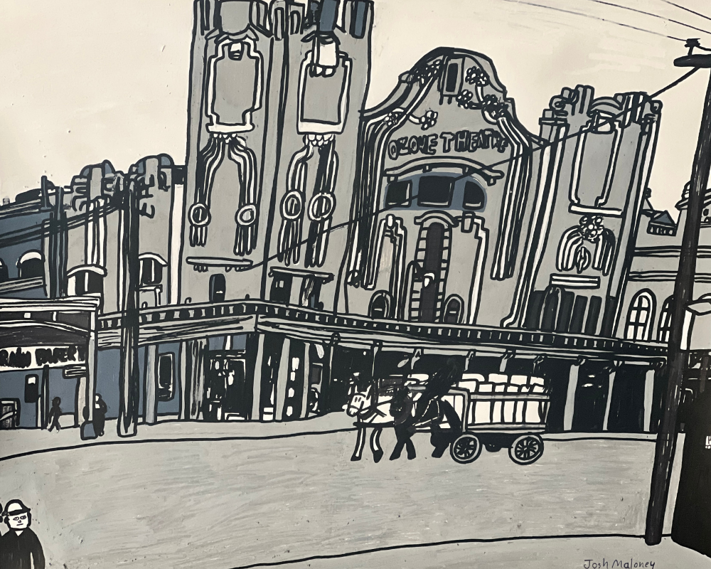 Monochrome drawing of a historical image of The Ozone Theatre in Port Adelaide featuring a horse draw cart on the street outside.
