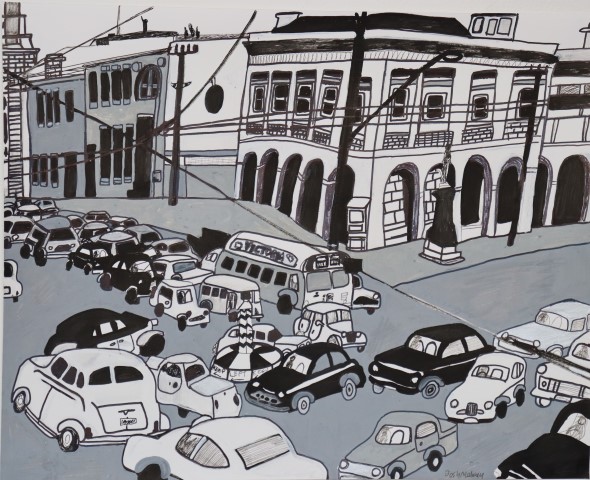 Monochrome drawing of Black Diamond corner in Port Adelaide featuring lots of cars around a round-about.