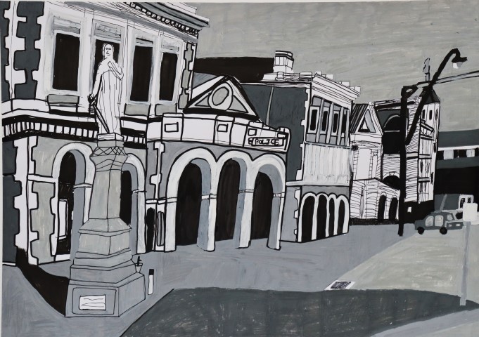 Monotone drawing of the Port Adelaide Workers memorial featuring the public sculpture.