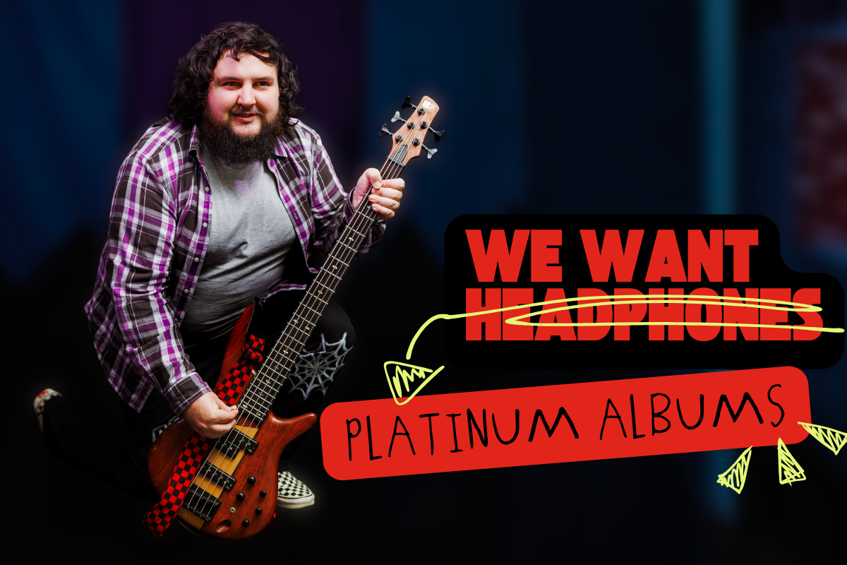 Smiling disabled artist playing guitar, with the text, 'We want headphones [headphones scored out] platinum albums.'