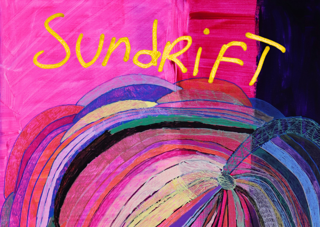 A bright pink hued artwork of a flower in blue outline. There is bright yellow text overlay which reads 'Sundrift'.