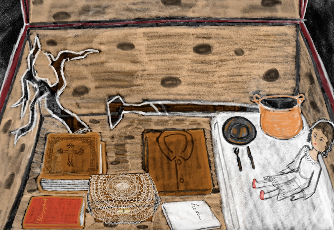 A screenshot of Pieces of Memories showing a digital render of a drawing depicting a small women sitting in a box on a tiny bed by a plate, knife and fork. Across the box are some sticks, books, a brown shirt and a lace dole. 