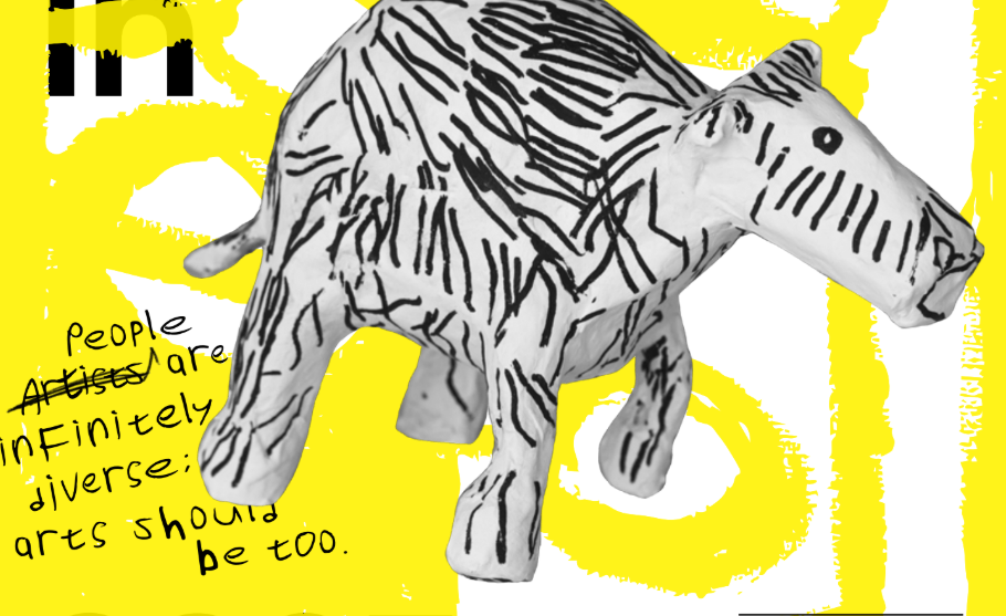 Megan Long's Elephant sculpture surrounded by yellow hand drawn lines. There is handwritten text which reads, 'People are infinitely diverse, arts should be too.'