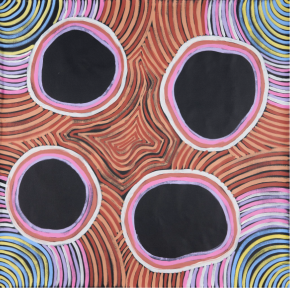 Artwork: Staying Strong by Jackie Saunders - vibrant lines pooling together around spaces on the black canvas. 