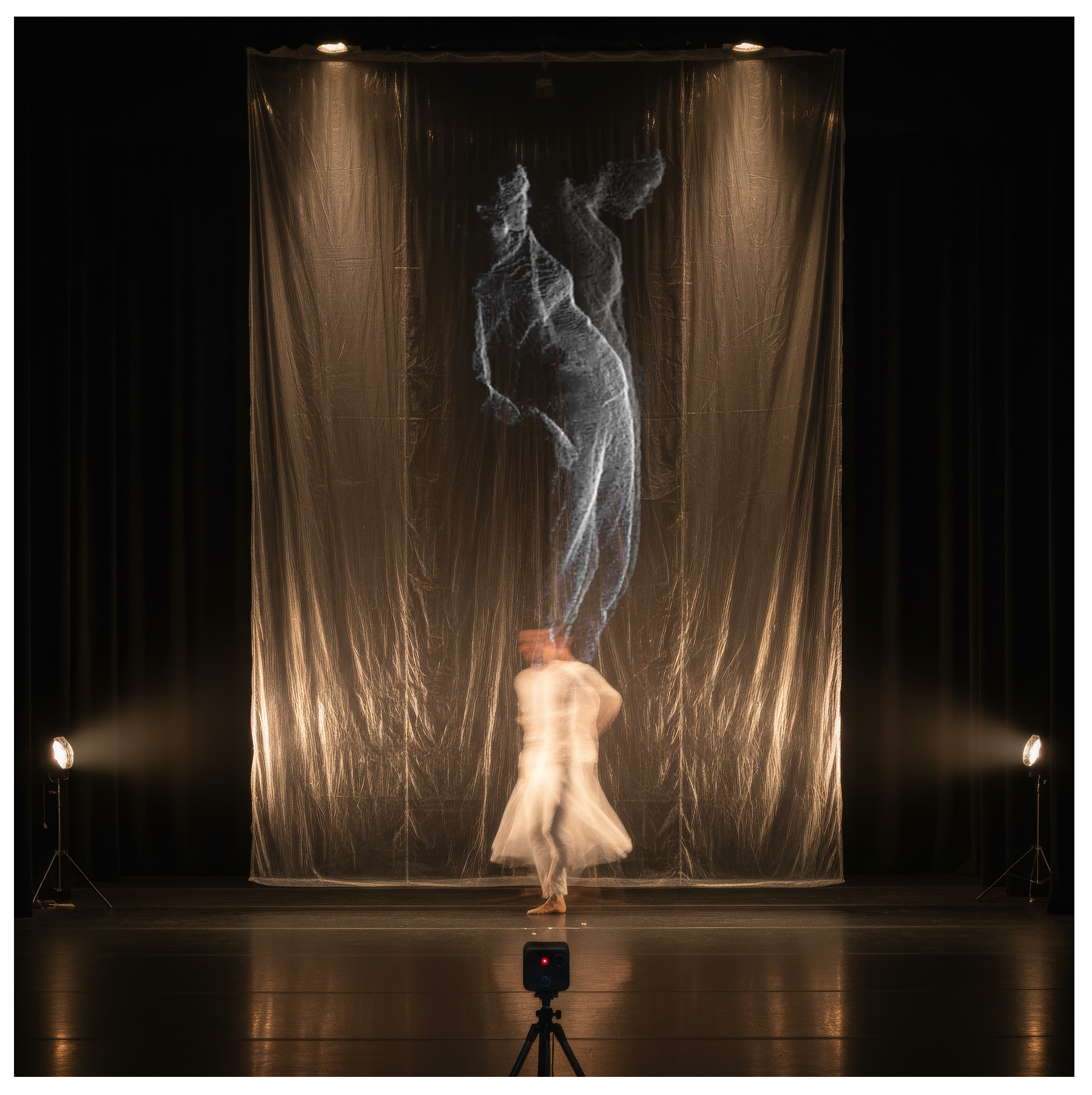 A dancer spinning on the stage in a white costume. Behind them is a long curtain with a large scale projection of another dancer.