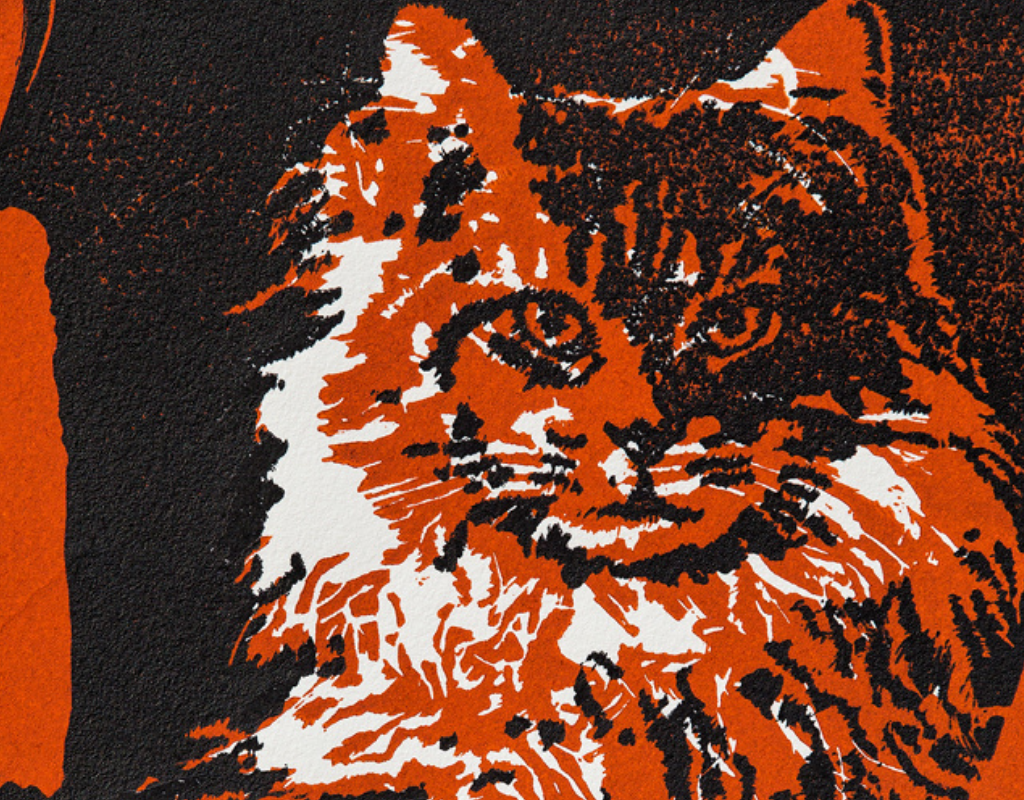 Lino print of a fluffy cat in black, red and white. 