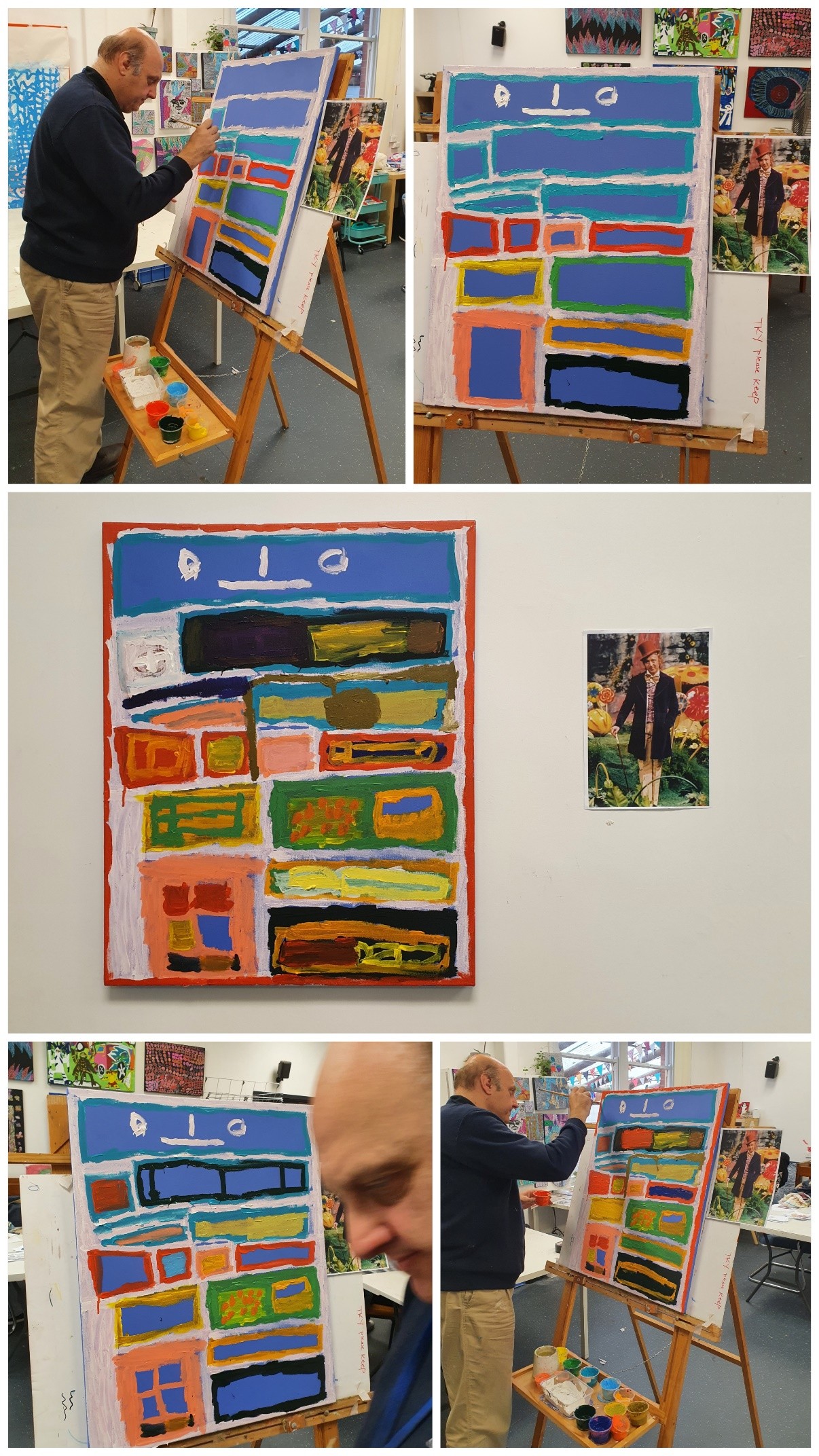 A series of photos of Lewis painting Willy Wonka - an artwork of Gene Wilder as Willy Wonka (1971).