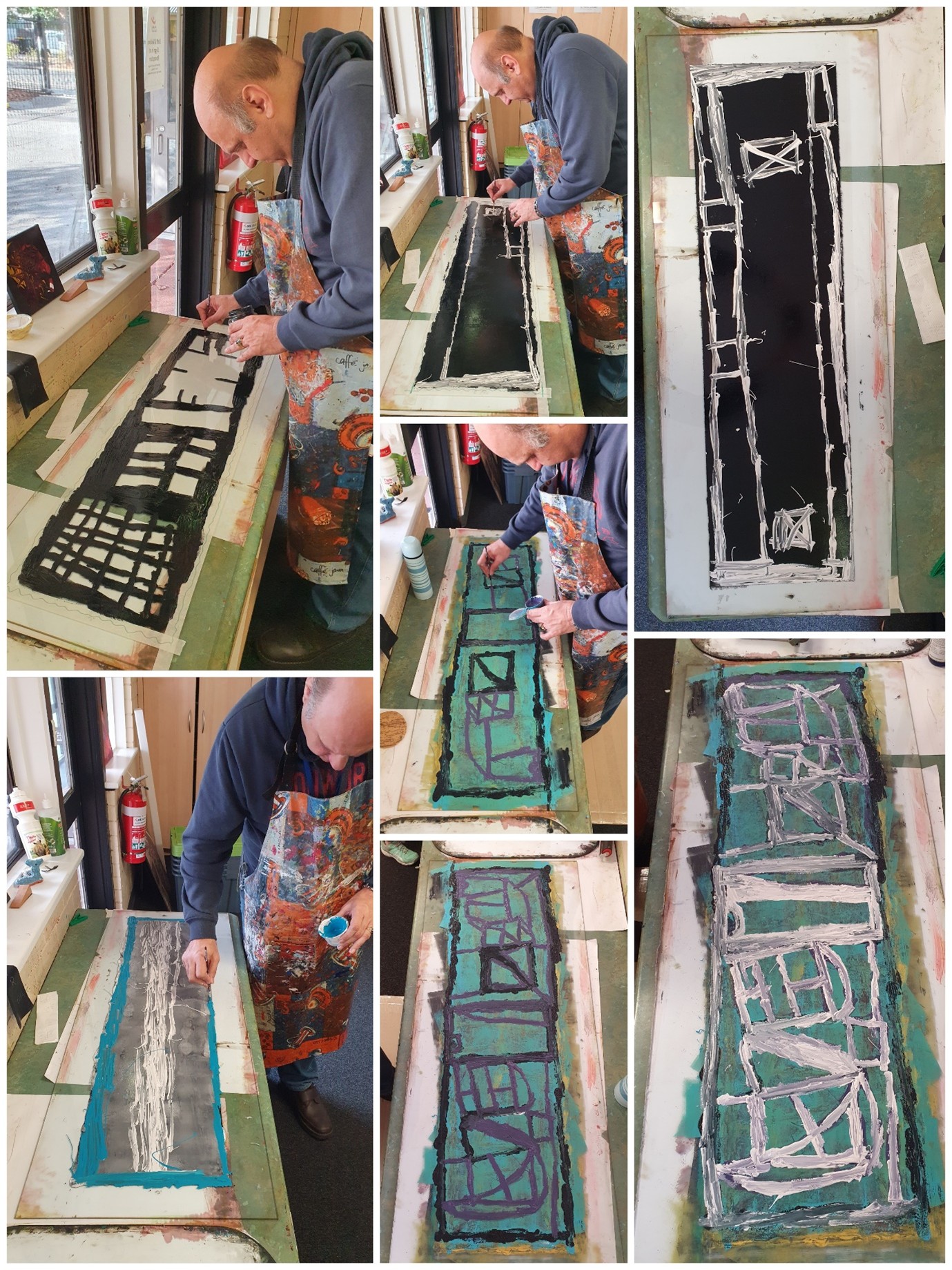 A series of photos showing Lewis painting on the surface of a sheet of glass. 