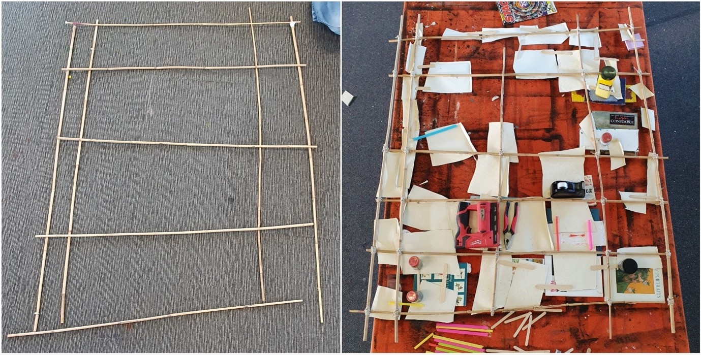 Bamboo sticks layout out to create blocks. 