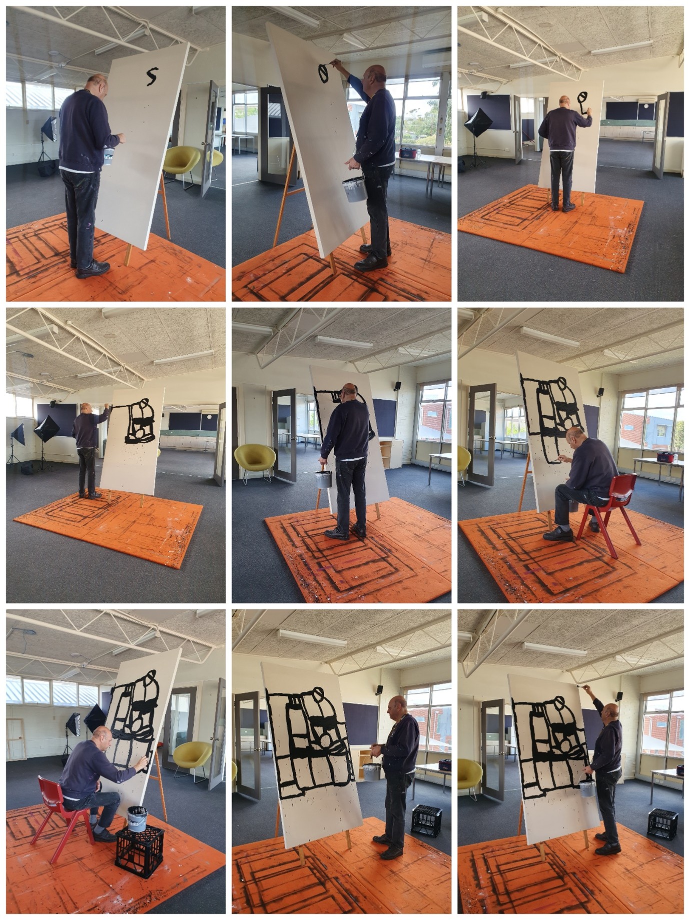 A series of photos showing Lewis working on Senfield. 