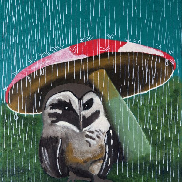 Banjobe Hunt, Rainfall on Owl Mushroom, 2024, acrylic and posca pen on canvas, 49.5cm x 40cm