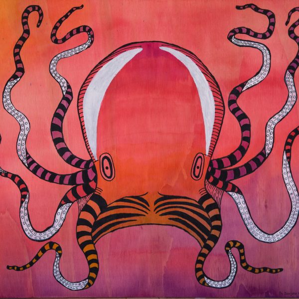 Banjobe Hunt, Octopus, mixed media on board