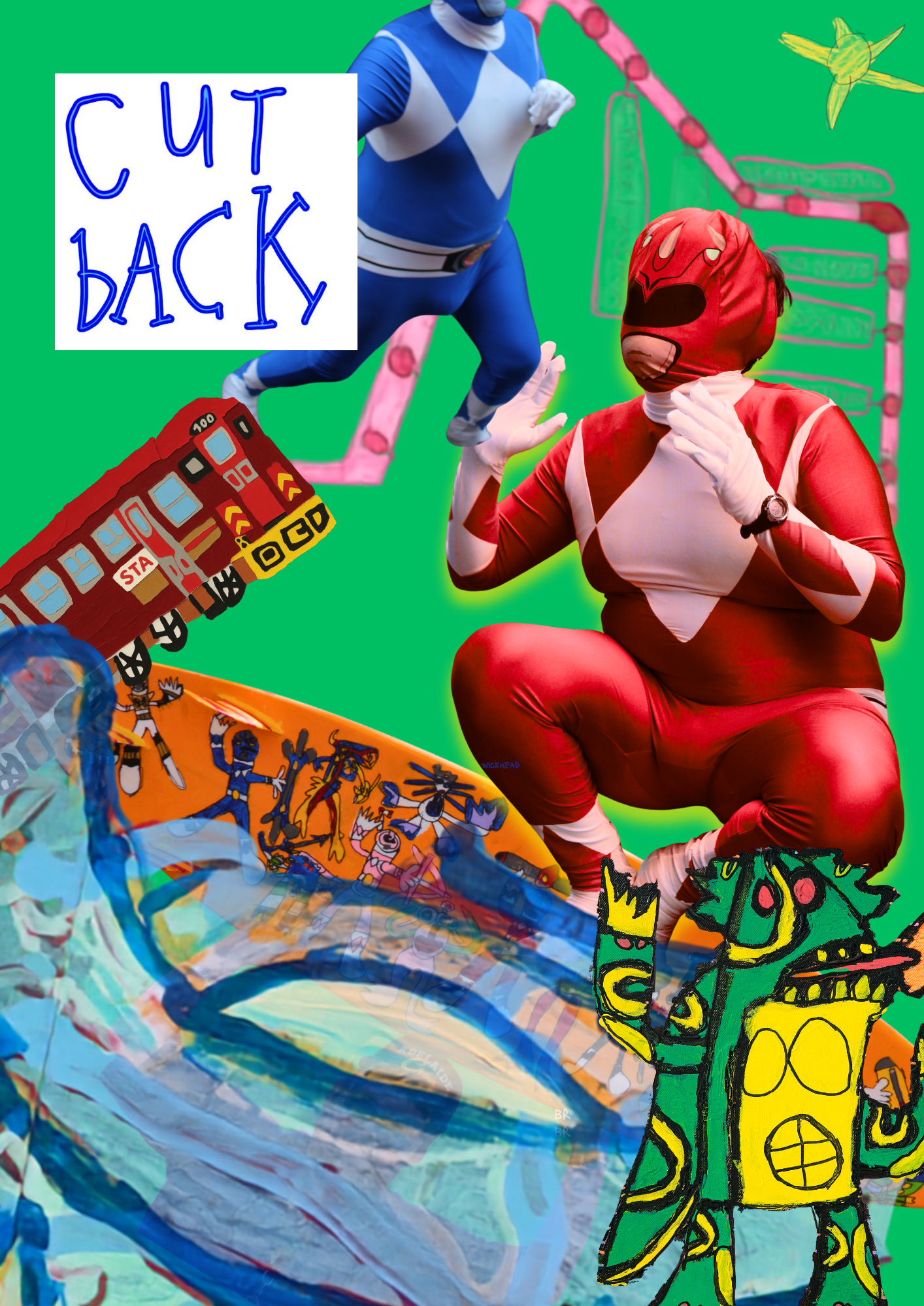 a collage of artworks including a two superheroes, a painted wave and a tram on a green background.