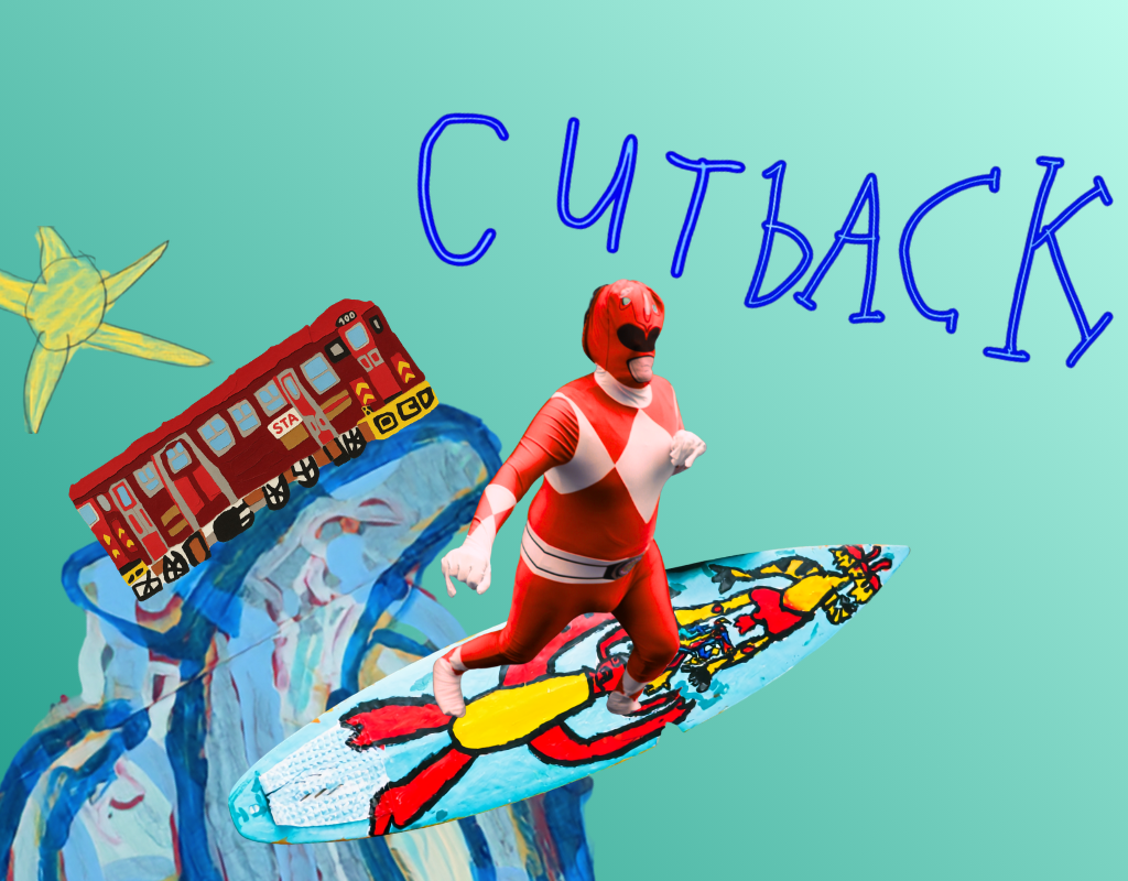 A collage combining photography and drawings: a photographed man in a red superhero suit surfs a large painted wave. A tram rides the same wave, and a sun appears above in paint. The word ‘cutback’ is written in blue text.