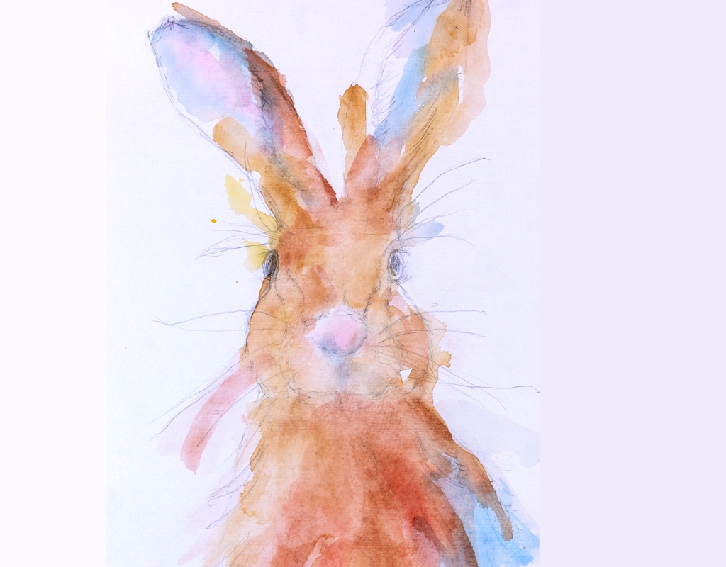 Artwork: a watercolour bunny on a pastel purple background.