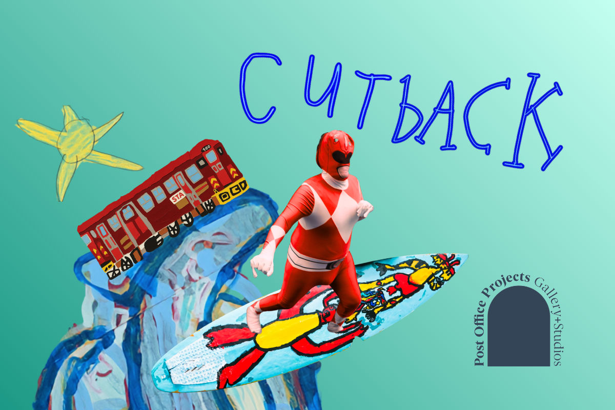 A collage combining photography and drawings: a photographed man in a red superhero suit surfs a large painted wave. A tram rides the same wave, and a sun appears above in paint. The word ‘cutback’ is written in blue text.