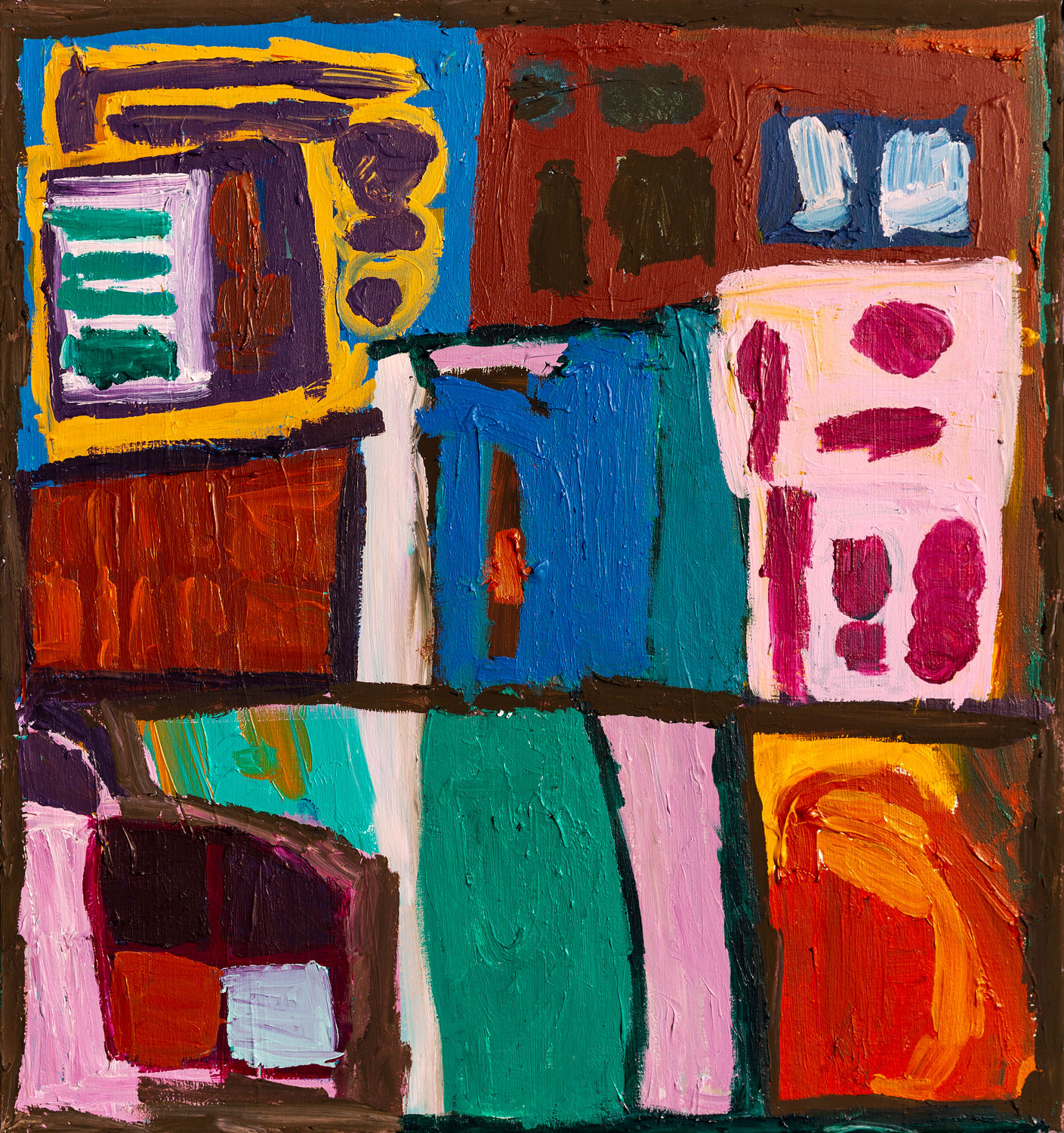 an abstract artwork featuring blocks and colours such as pinks, reds, blues and greens.