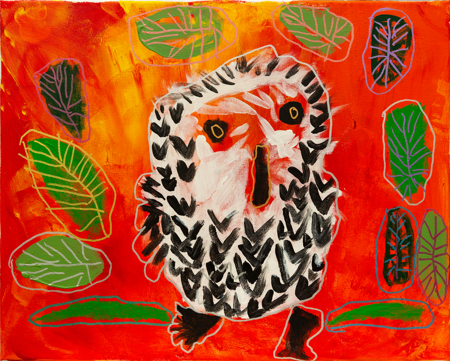 A painting of an black and white owl on an orange background. It is surrounded by green leaves.