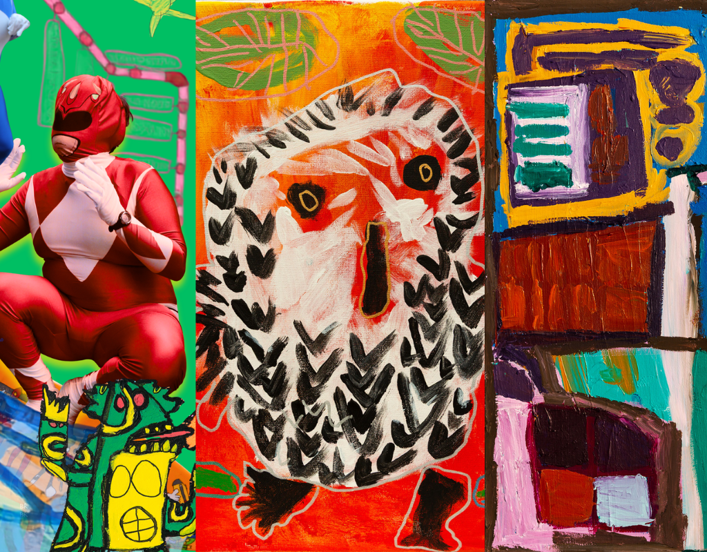 a collage of 3 artworks including a superhero on a green background, an owl and an abstract artwork.