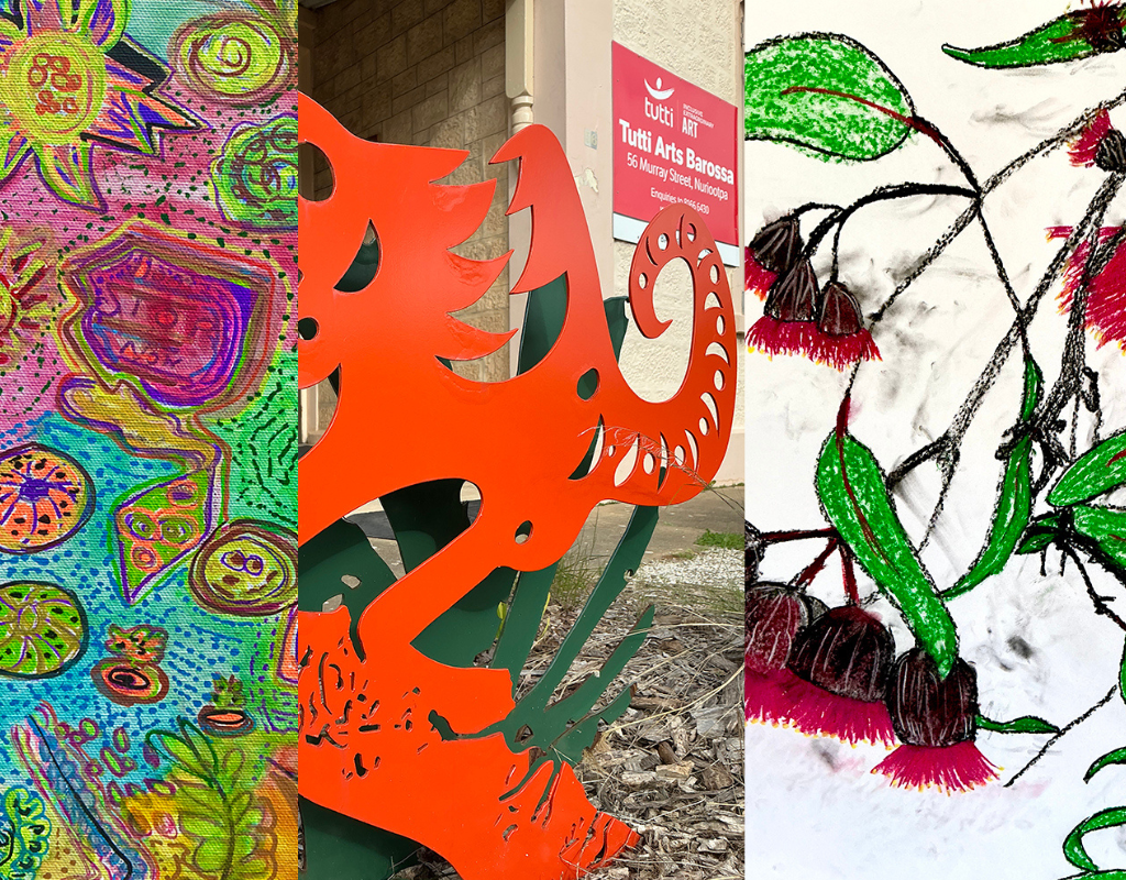 Three images together, a colourful abstract painting of shapes. a photo of a sculpture in a garden with a sign for Tutti Arts Barossa in the background and a drawing of gumnut flowers and leaves. 