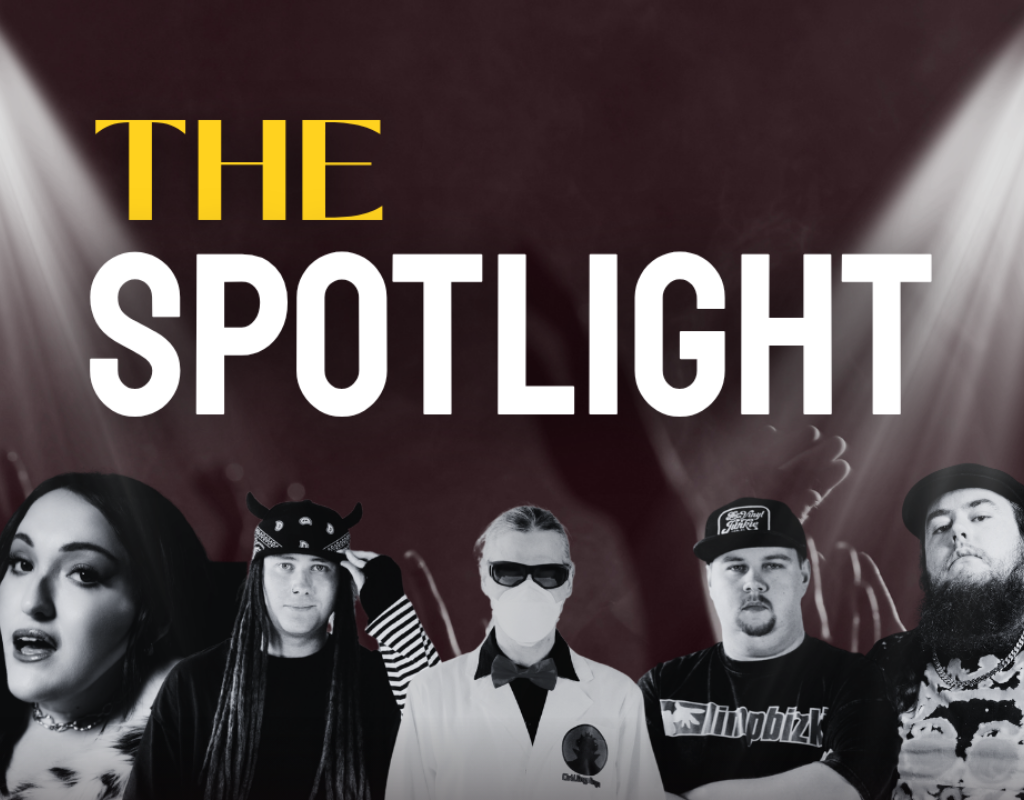 Five black and white photos of music artists, with the text above it reading 'The Spotlight'.